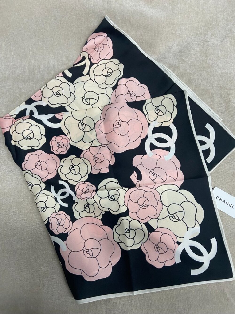 Chanel Camellia & CC Logo 90×90 Silk Scarf ✨